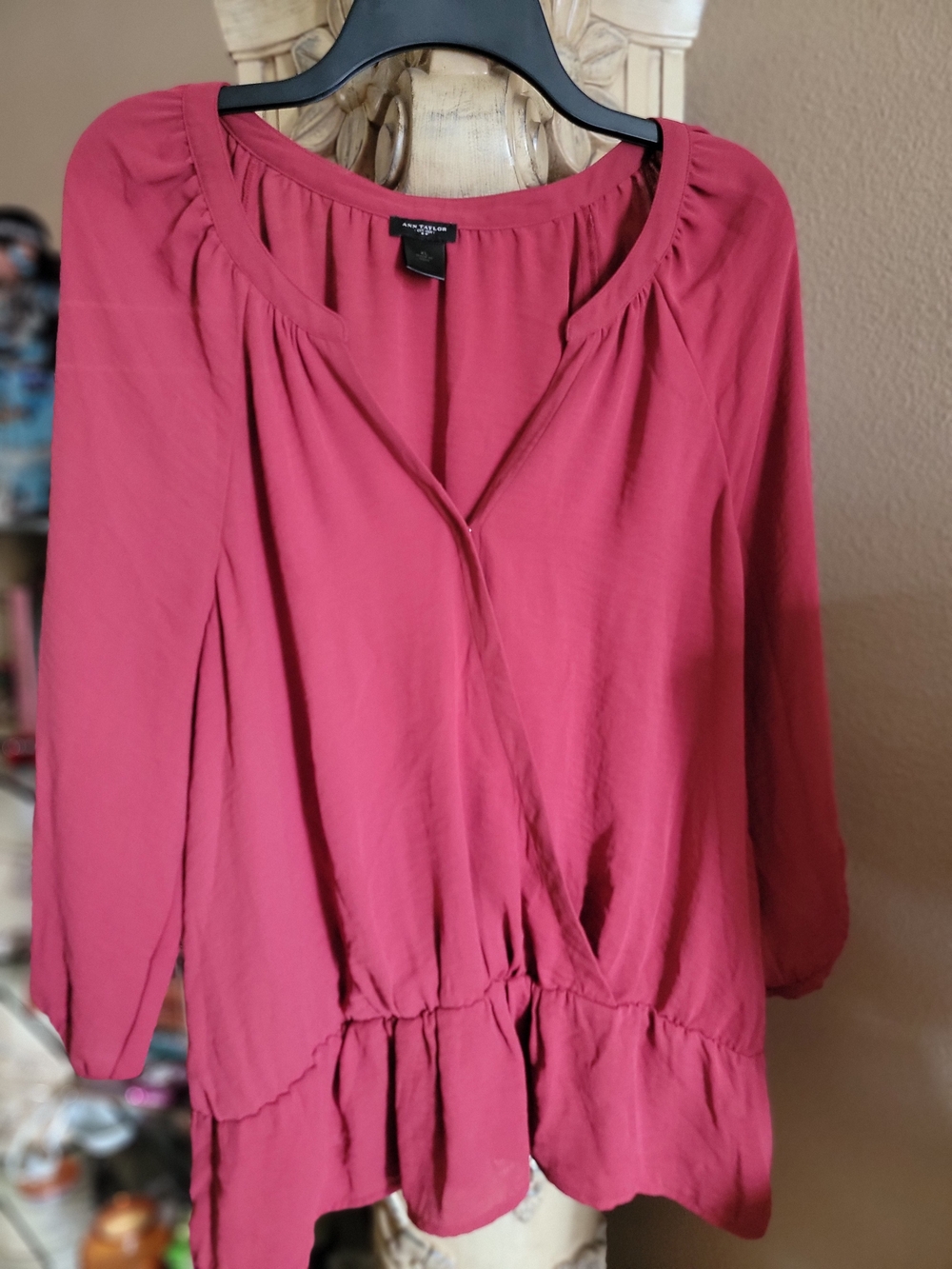 Ann Taylor Rose-Pink Long-Sleeve V-Neck Blouse